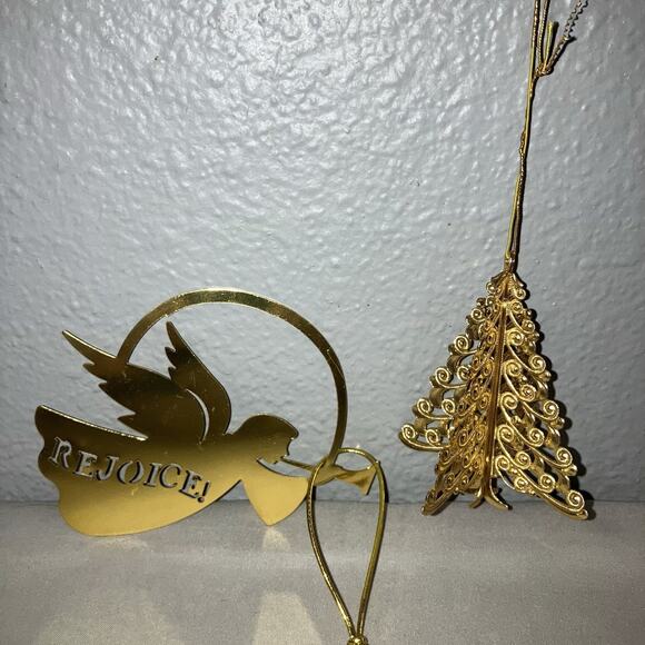 Christmas Ornament Filigree German Xmas Tree Gold Tone / Rejoice Angel Vintage - Picture 2 of 2